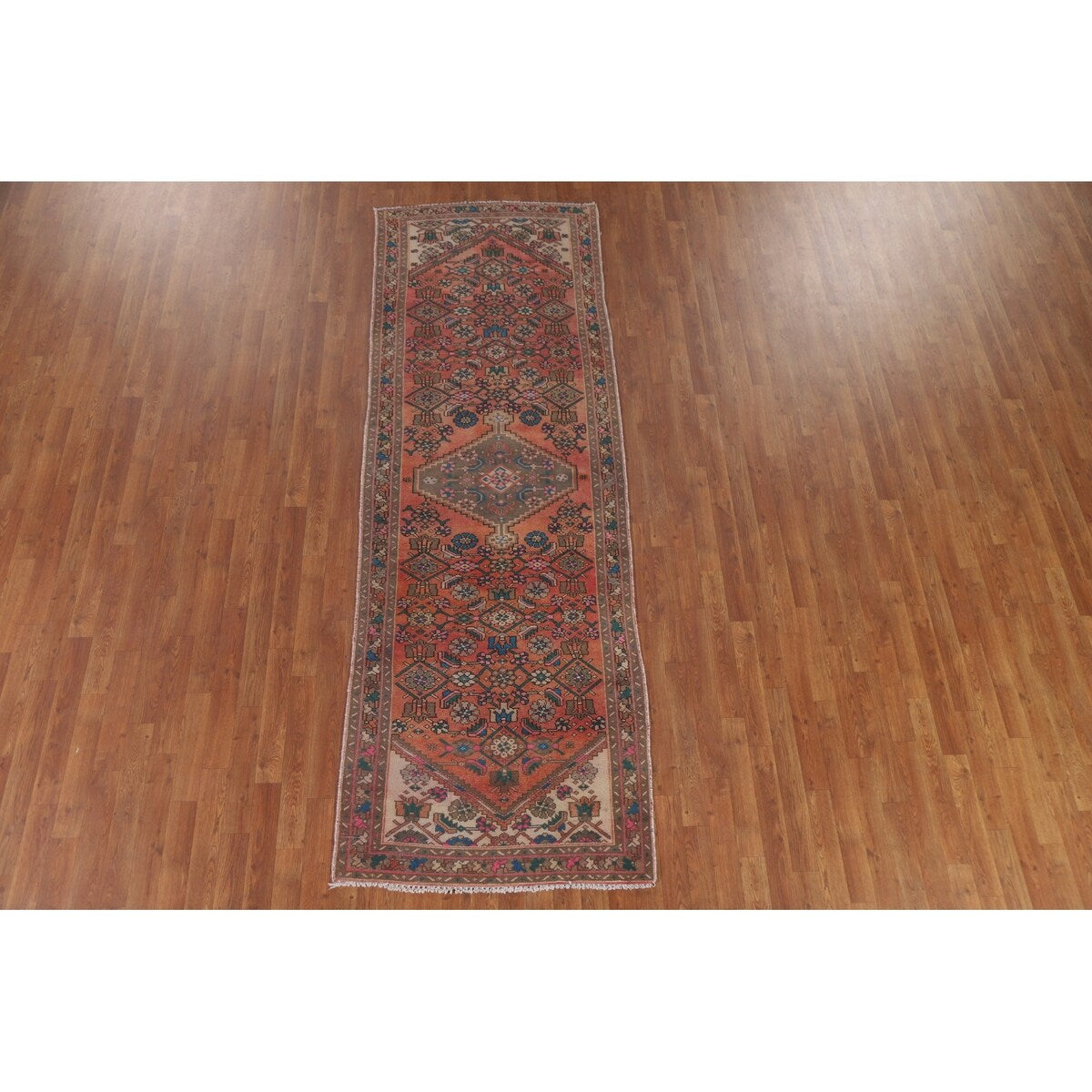 Hamedan Persian Vintage Runner Rug Handmade Geometric Wool Carpet - 3'3" x 9'9"