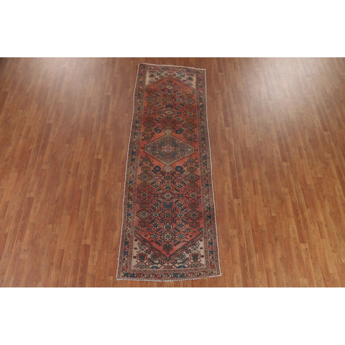 Hamedan Persian Vintage Runner Rug Handmade Geometric Wool Carpet - 3'3" x 9'9"