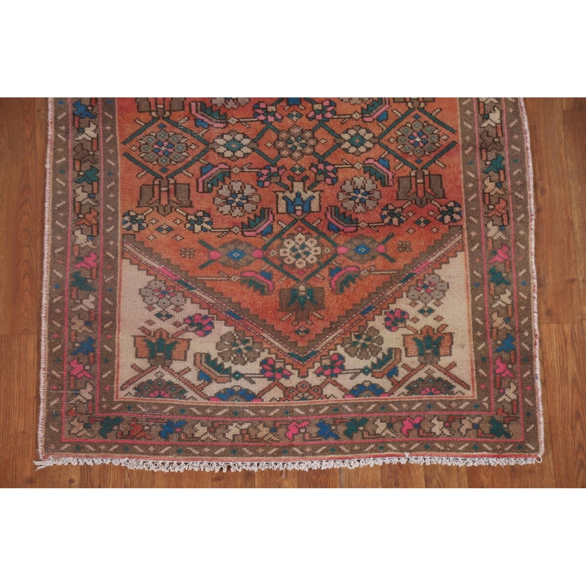 Hamedan Persian Vintage Runner Rug Handmade Geometric Wool Carpet - 3'3" x 9'9"