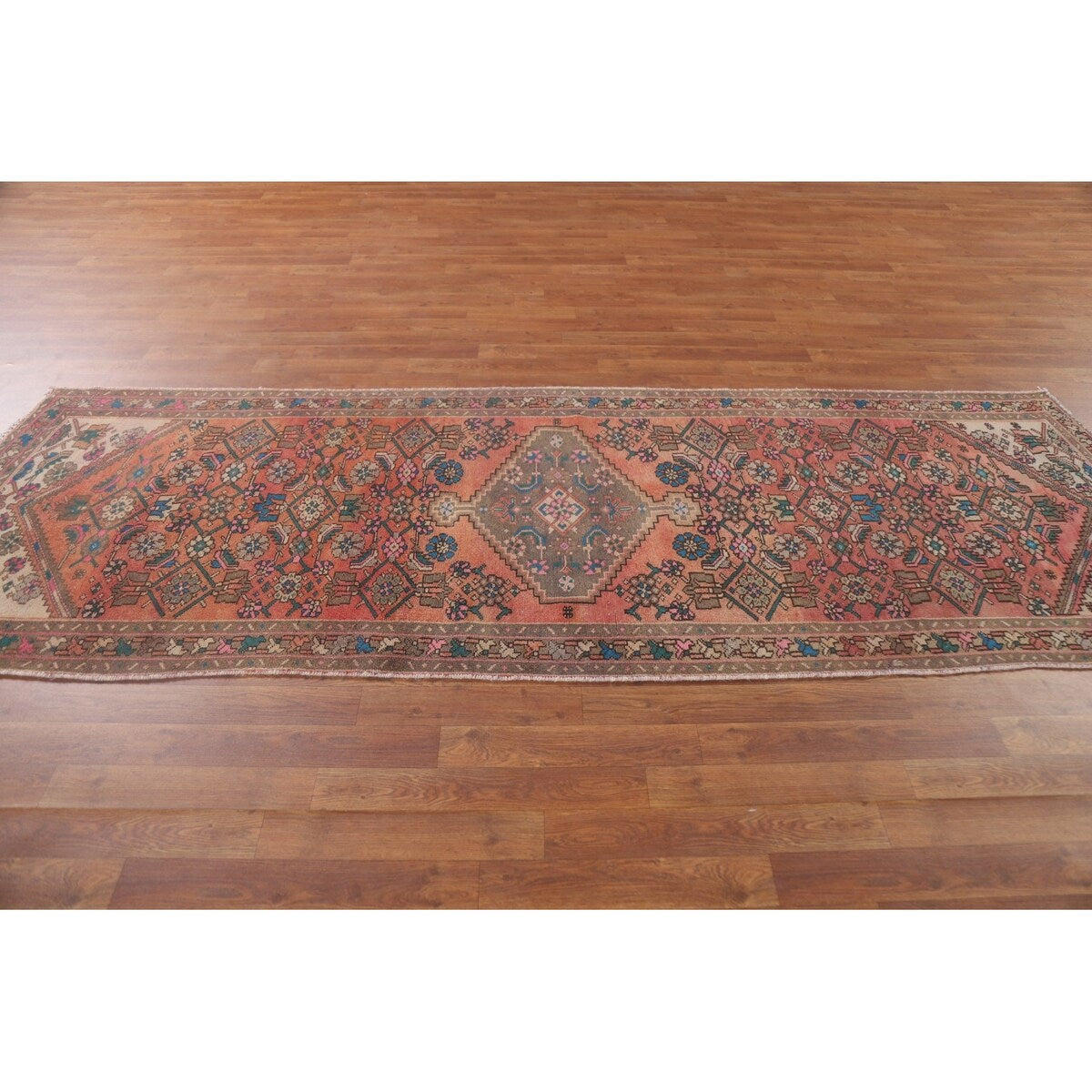 Hamedan Persian Vintage Runner Rug Handmade Geometric Wool Carpet - 3'3" x 9'9"