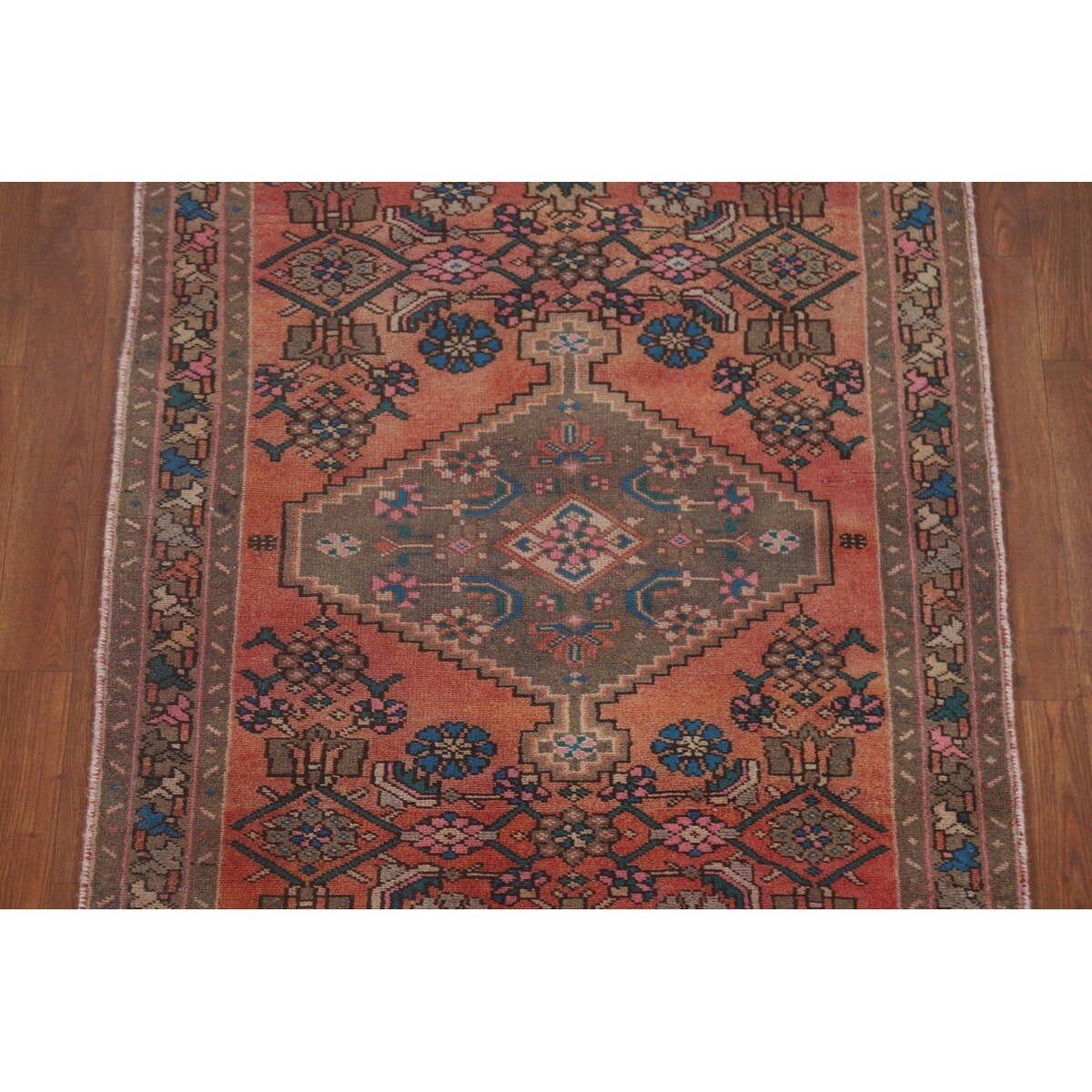 Hamedan Persian Vintage Runner Rug Handmade Geometric Wool Carpet - 3'3" x 9'9"