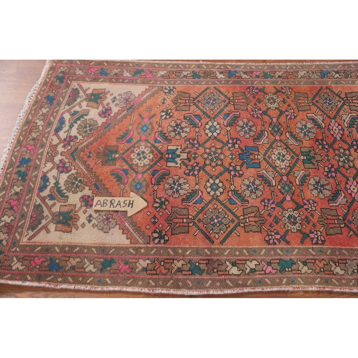 Hamedan Persian Vintage Runner Rug Handmade Geometric Wool Carpet - 3'3" x 9'9"