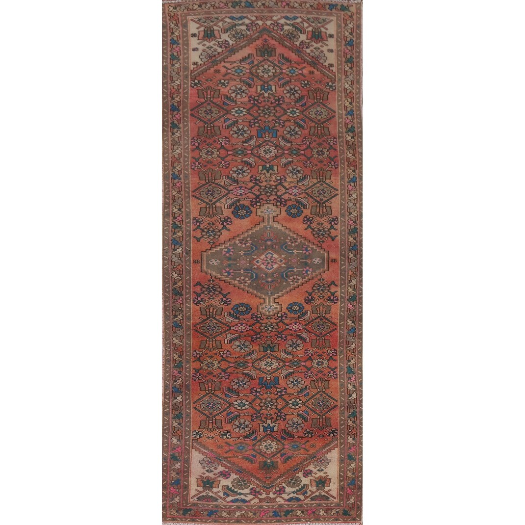 Hamedan Persian Vintage Runner Rug Handmade Geometric Wool Carpet - 3'3" x 9'9"