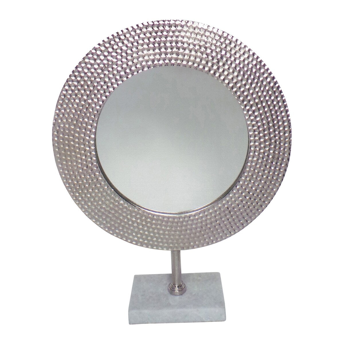 Hammered Metal Frame Round Standing Mirror with Block Base, Silver