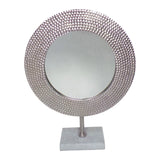 Hammered Metal Frame Round Standing Mirror with Block Base, Silver