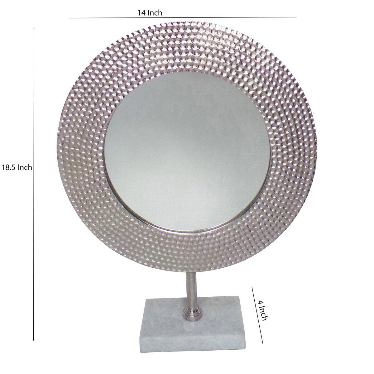 Hammered Metal Frame Round Standing Mirror with Block Base, Silver