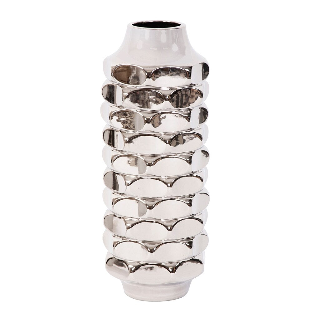 Hammered Metallic Silver Ceramic Vase, Large - 18H x 7W x 7D