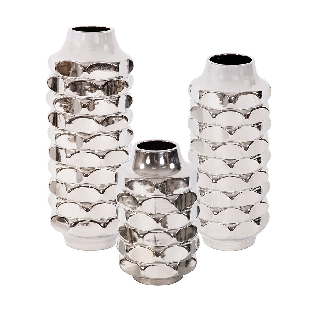 Hammered Metallic Silver Ceramic Vase, Large - 18H x 7W x 7D