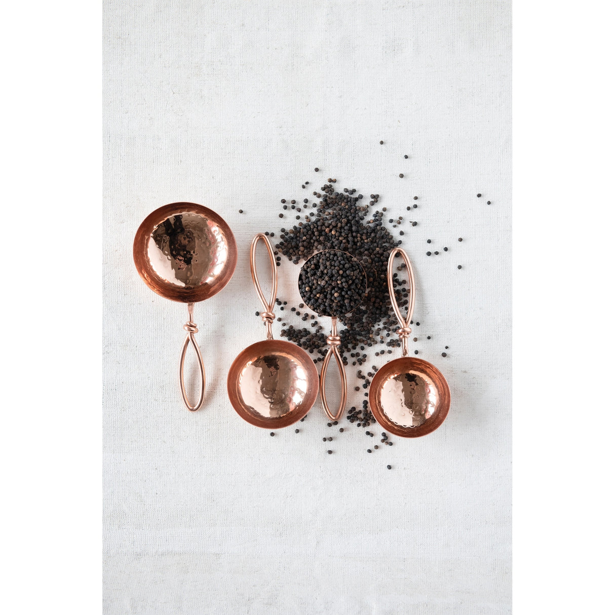 Hammered Stainless Steel Scoops with Leather Tie (Set of 4 Sizes)