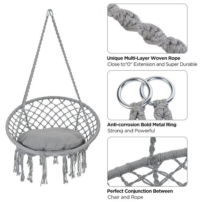 Hammock Chair Macrame Swing with Cushion and Hanging Hardware Kits
