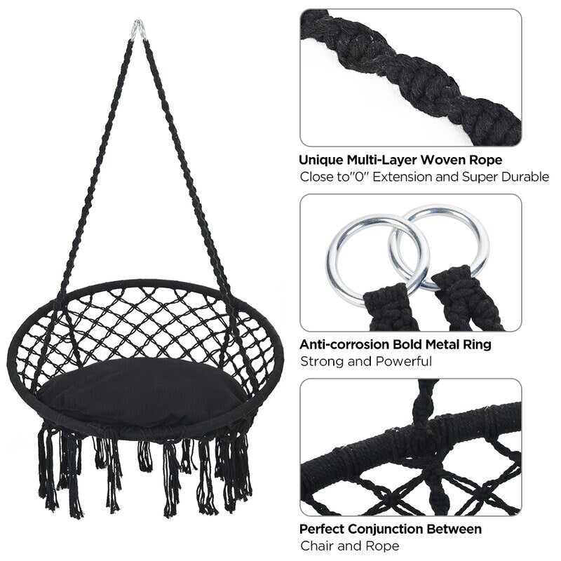 Hammock Chair Macrame Swing with Cushion and Hanging Hardware Kits