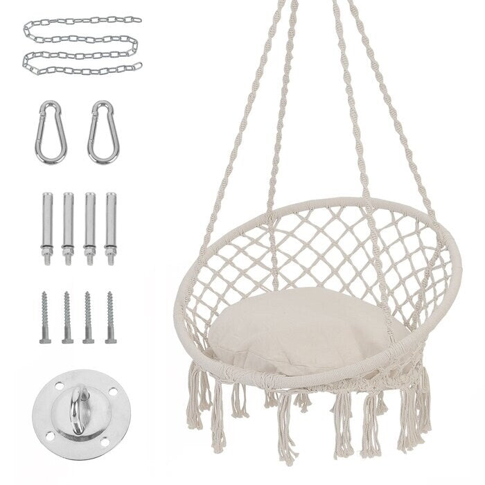 Hammock Chair Macrame Swing with Cushion and Hanging Hardware Kits