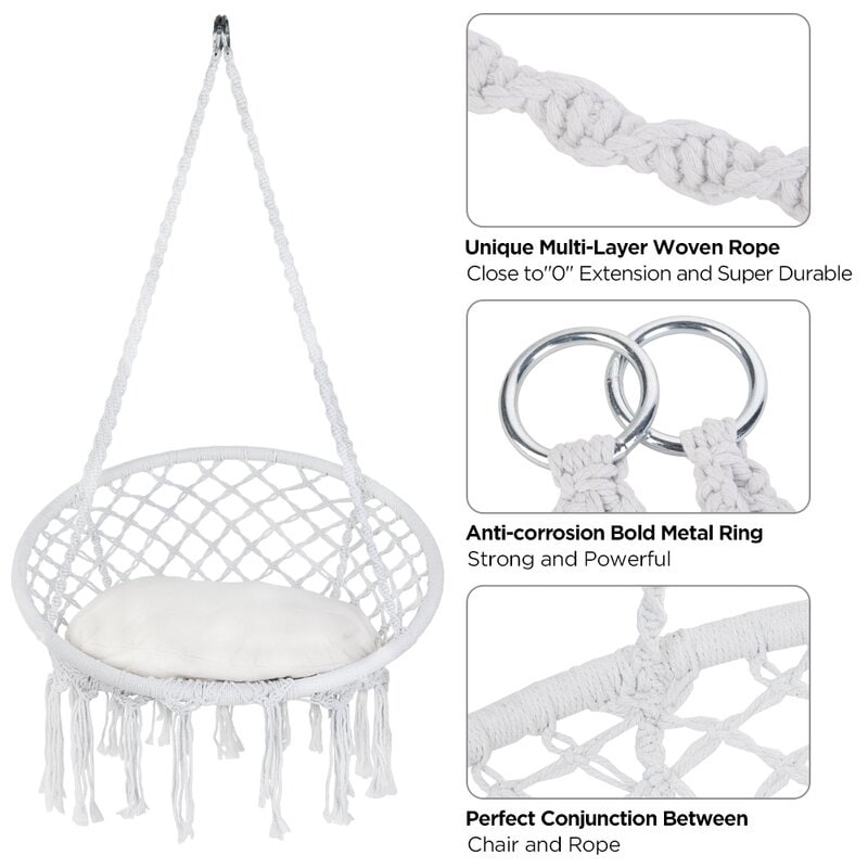 Hammock Chair Macrame Swing with Cushion and Hanging Hardware Kits