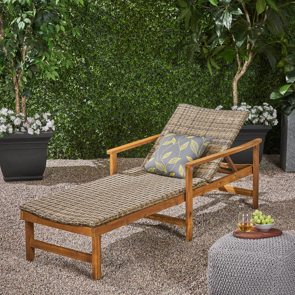 Hampton Outdoor Rustic Acacia Wood Chaise Lounge with Wicker Seating by Christopher Knight Home