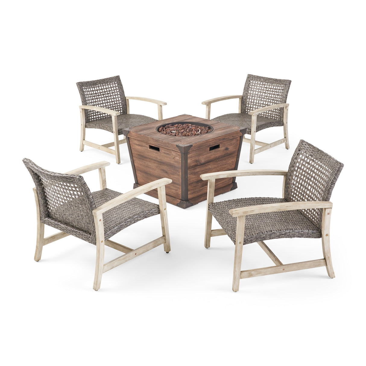 Hampton Outdoor Wood and Wicker Club Chair Set with Fire Pit by Christopher Knight Home