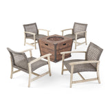 Hampton Outdoor Wood and Wicker Club Chair Set with Fire Pit by Christopher Knight Home