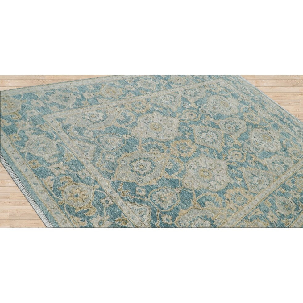 Hand Knotted Aqua Turkish Oushak Wool Transitional Oriental Area Rug - 9' x 12' 1''