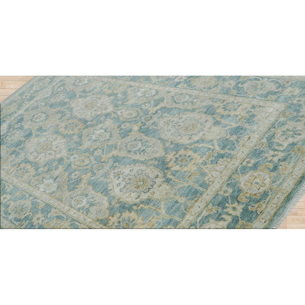 Hand Knotted Aqua Turkish Oushak Wool Transitional Oriental Area Rug - 9' x 12' 1''