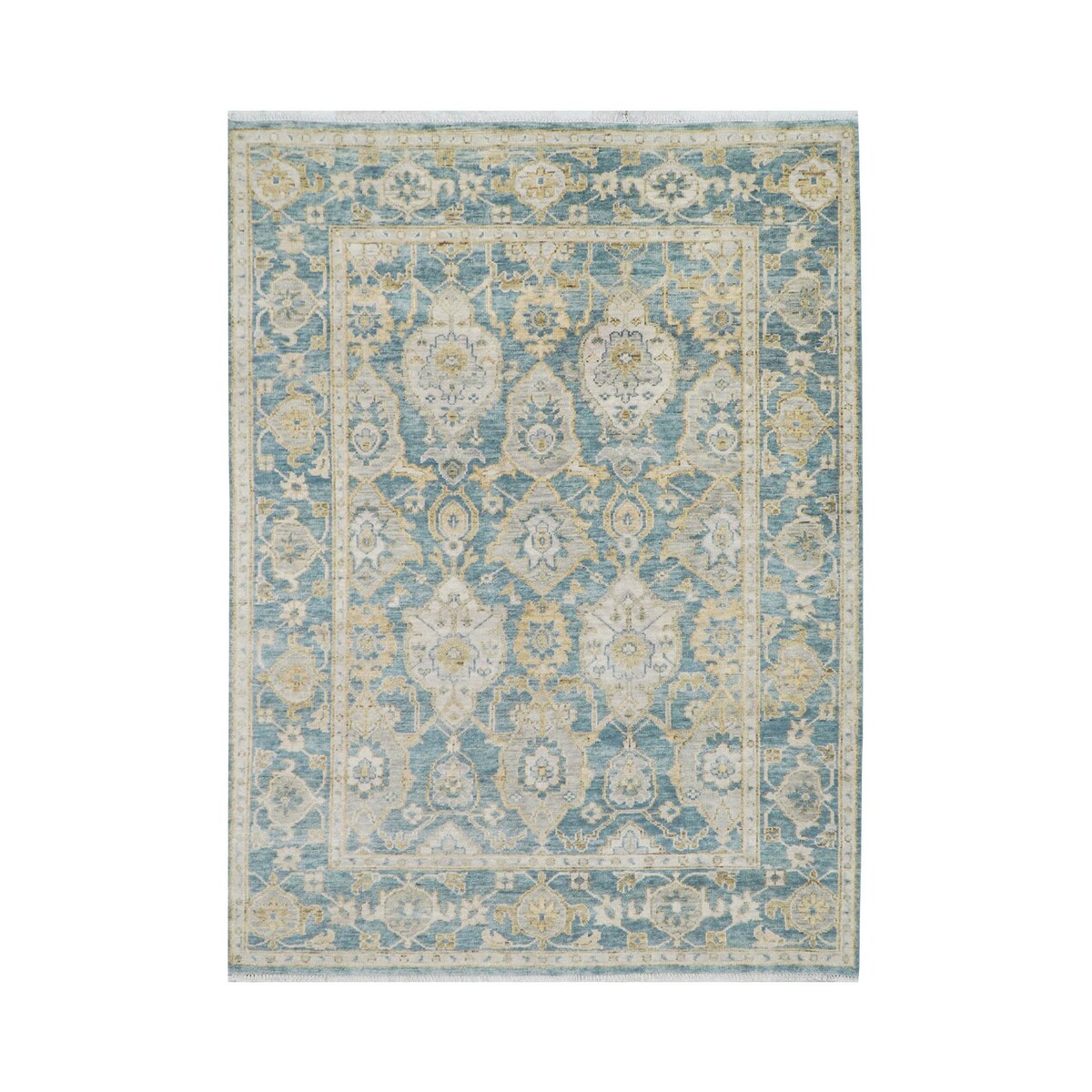 Hand Knotted Aqua Turkish Oushak Wool Transitional Oriental Area Rug - 9' x 12' 1''