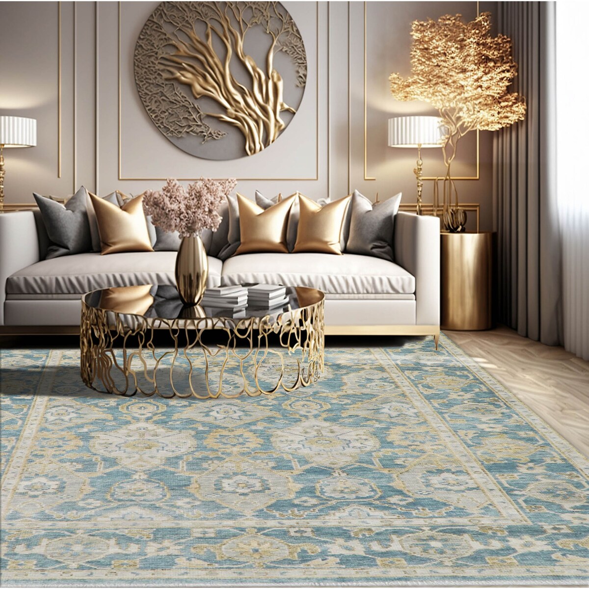 Hand Knotted Aqua Turkish Oushak Wool Transitional Oriental Area Rug - 9' x 12' 1''
