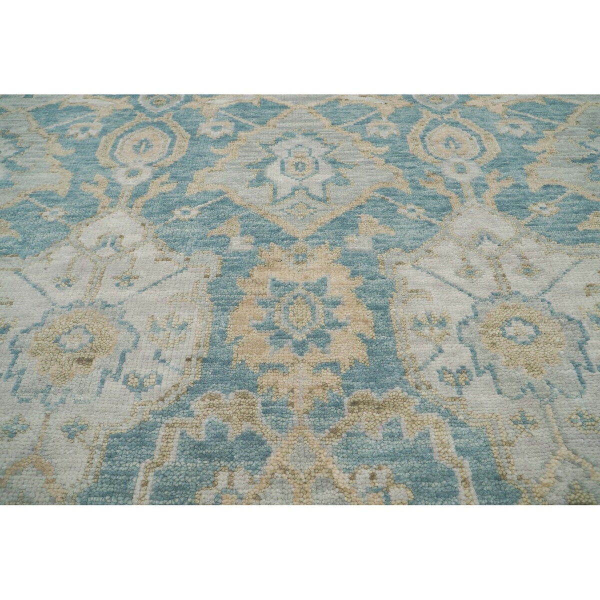 Hand Knotted Aqua Turkish Oushak Wool Transitional Oriental Area Rug - 9' x 12' 1''