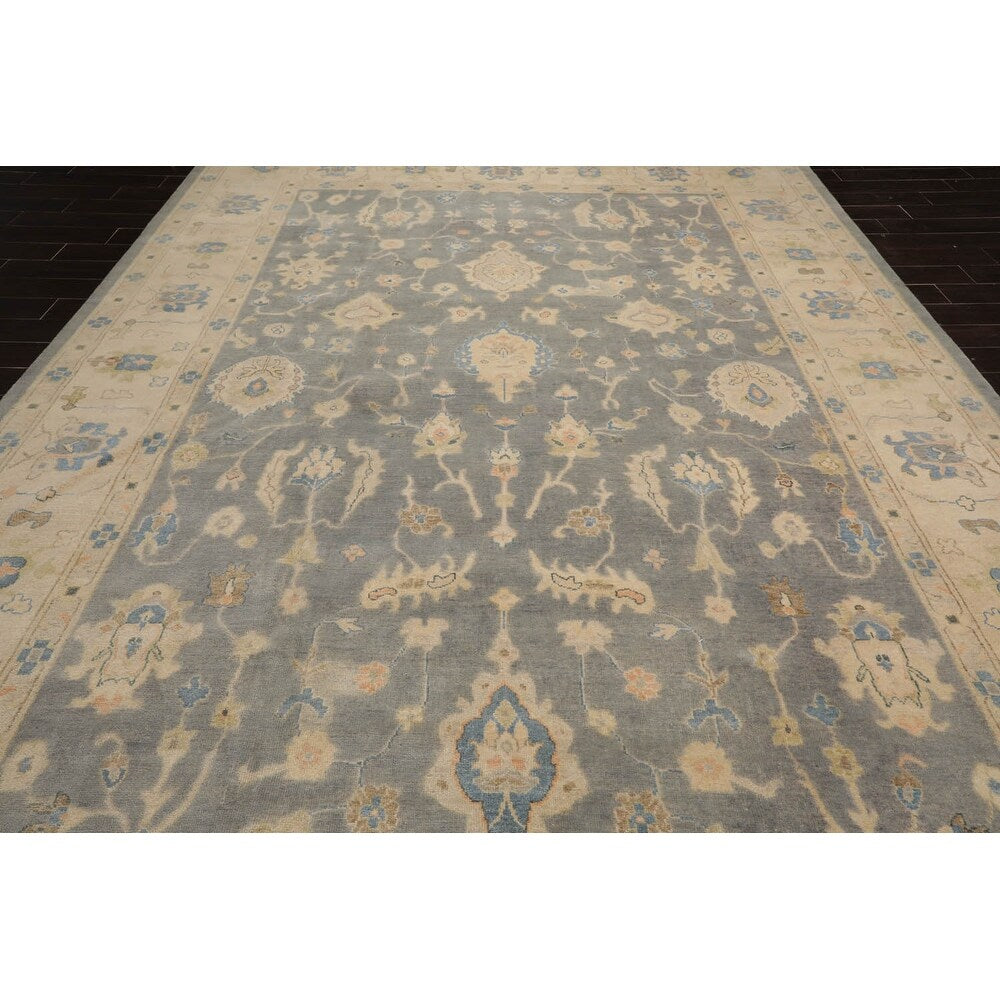 Hand Knotted Ash Gray Turkish Oushak Wool Traditional Oriental Rug - 9' 8'' x 13' 7'' - 9' 8'' x 13' 7''