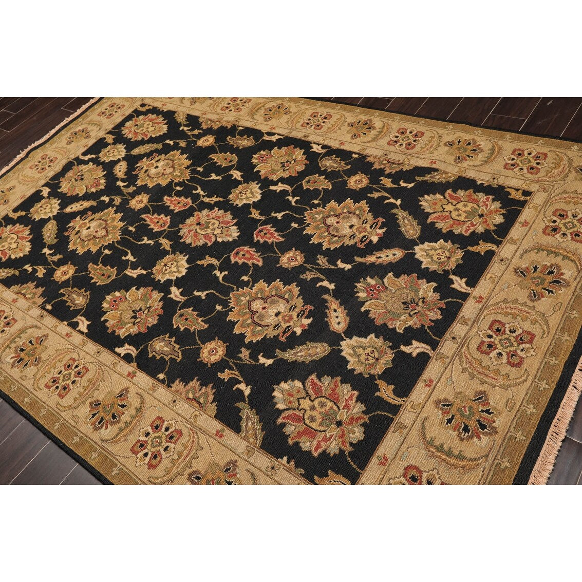 Hand Knotted Black, Tan Wool Traditional Oriental Area Rug (6x9) - 6' 1'' x 9' 2''