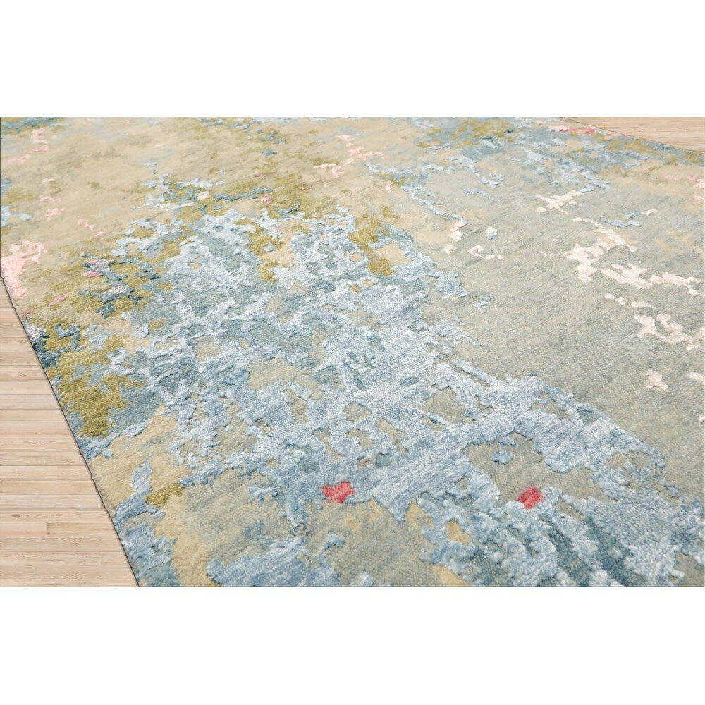 Hand Knotted Blue, Coral Sherpa Wool & Silk Modern Oriental Area Rug - 2' 5'' x 12'