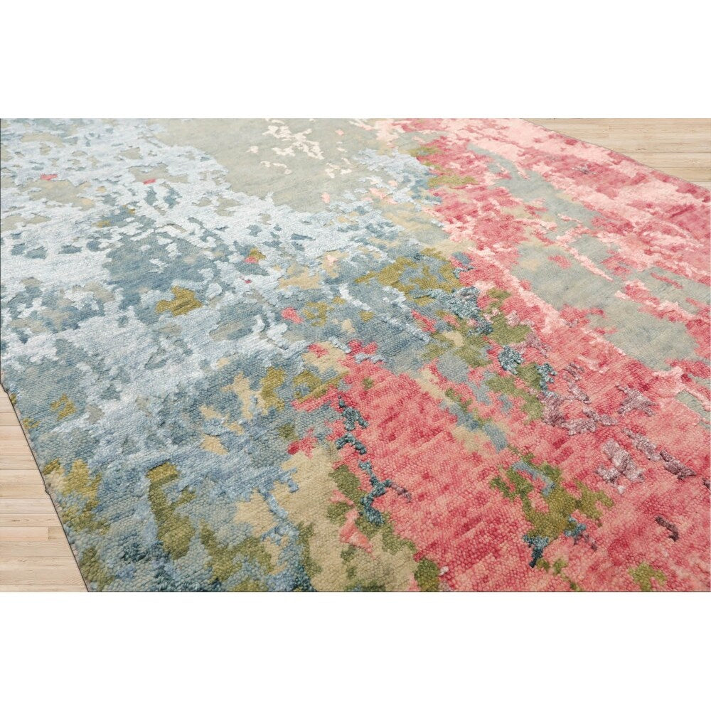 Hand Knotted Blue, Coral Sherpa Wool & Silk Modern Oriental Area Rug - 2' 5'' x 12'