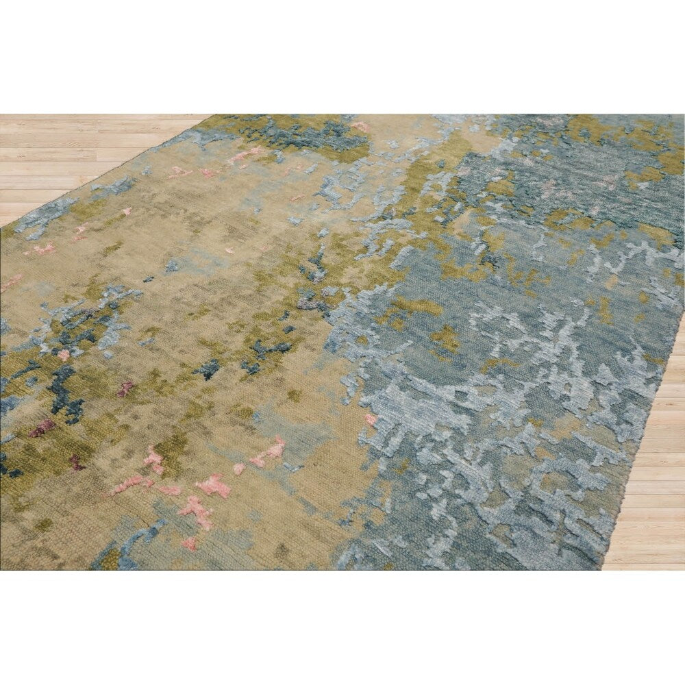 Hand Knotted Blue, Coral Sherpa Wool & Silk Modern Oriental Area Rug - 2' 5'' x 12'