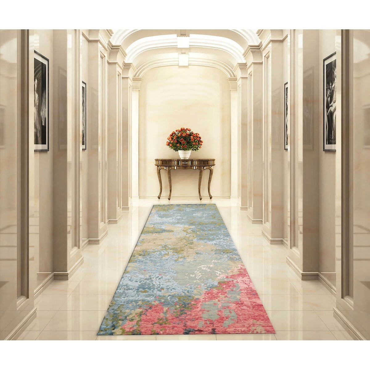 Hand Knotted Blue, Coral Sherpa Wool & Silk Modern Oriental Area Rug - 2' 5'' x 12'
