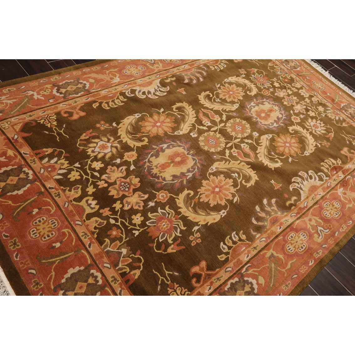 Hand Knotted Classic European Olive,Rose Tibetan Wool Traditional Oriental Area Rug (6x9) - 5' 10'' x 8' 9''