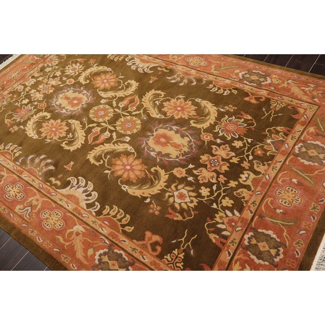 Hand Knotted Classic European Olive,Rose Tibetan Wool Traditional Oriental Area Rug (6x9) - 5' 10'' x 8' 9''