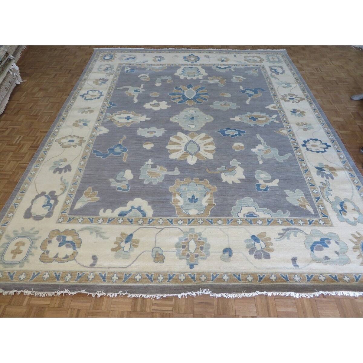 Hand Knotted Gray Oushak with Wool Oriental Rug (12' x 15'1") - 12' x 15'1"