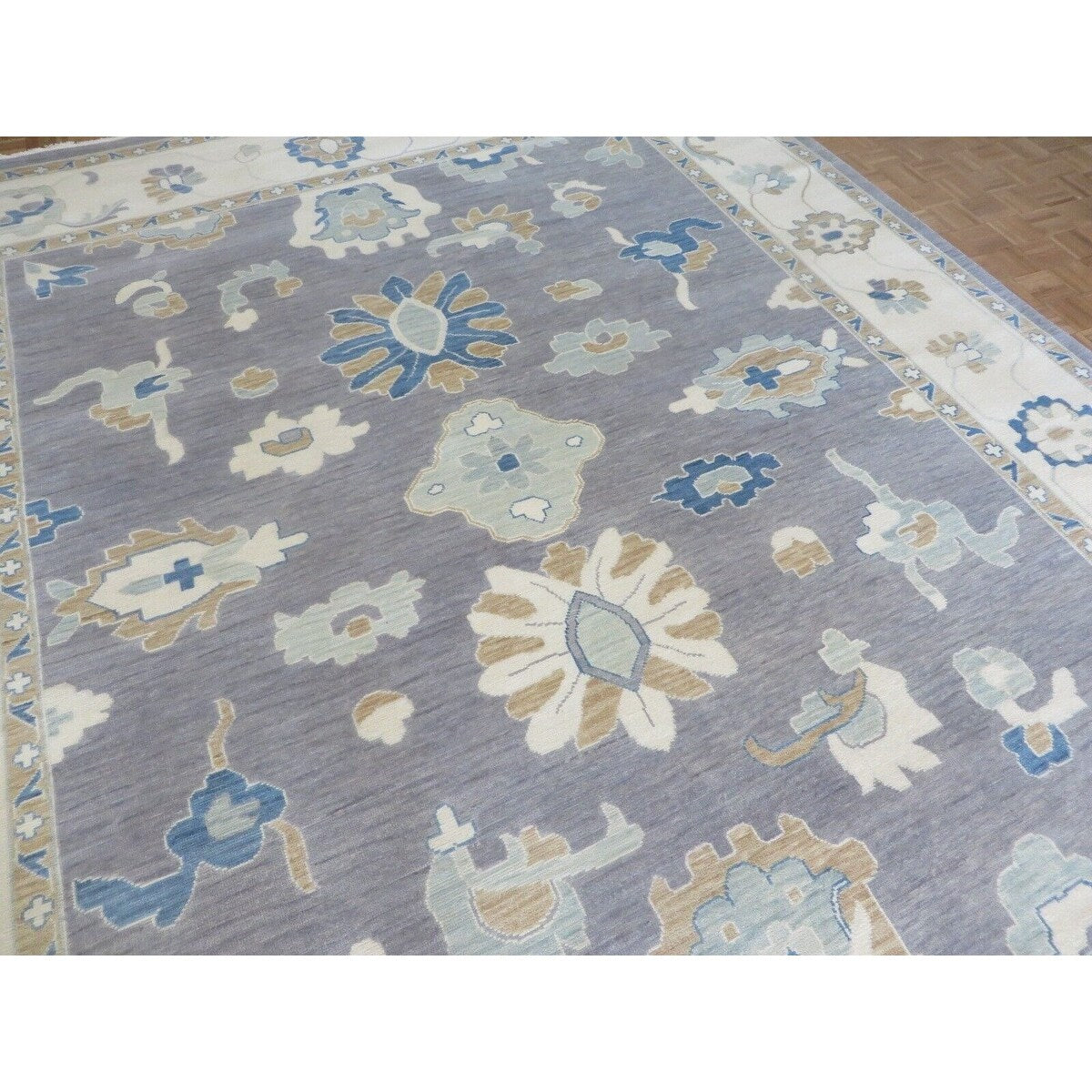 Hand Knotted Gray Oushak with Wool Oriental Rug (12' x 15'1") - 12' x 15'1"