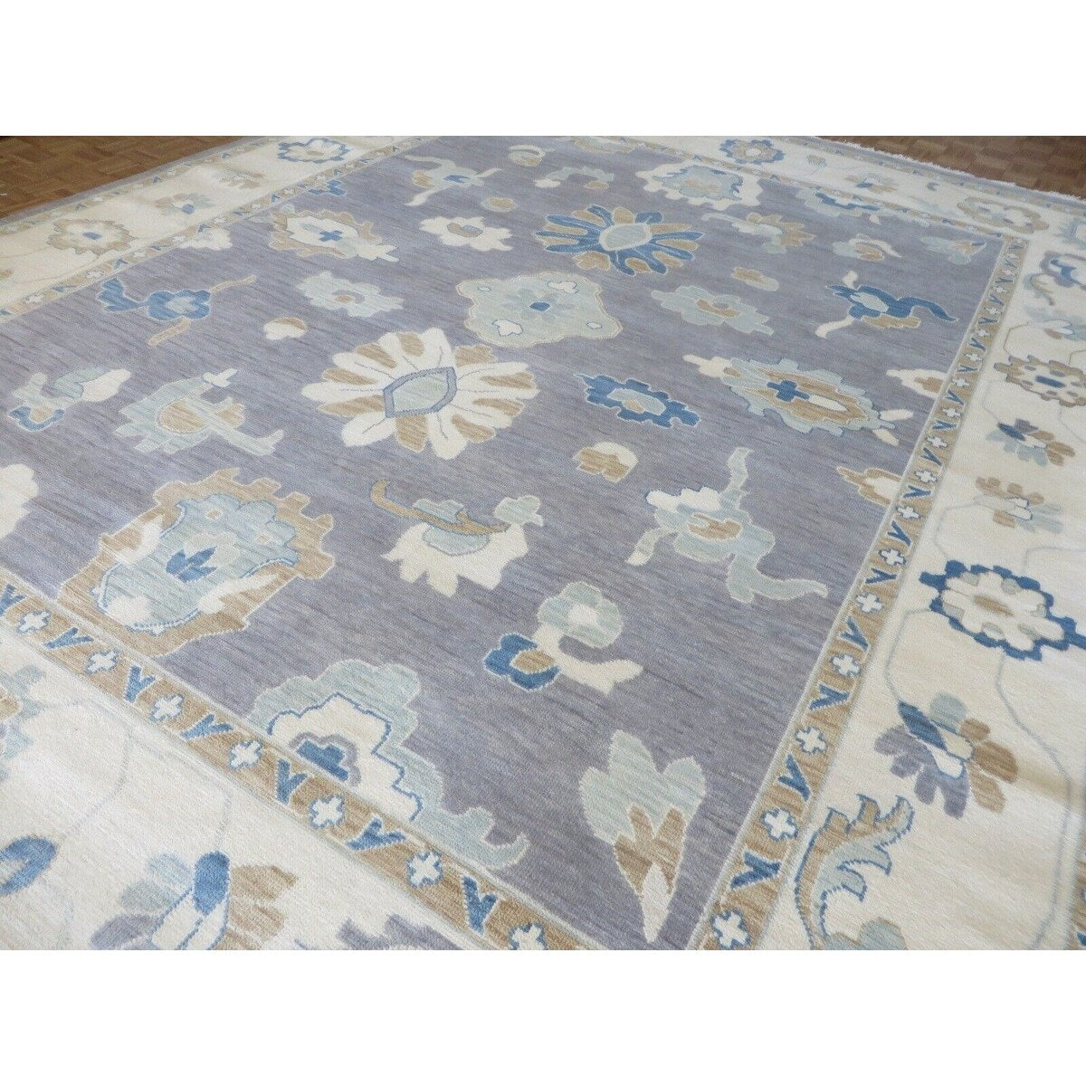 Hand Knotted Gray Oushak with Wool Oriental Rug (12' x 15'1") - 12' x 15'1"