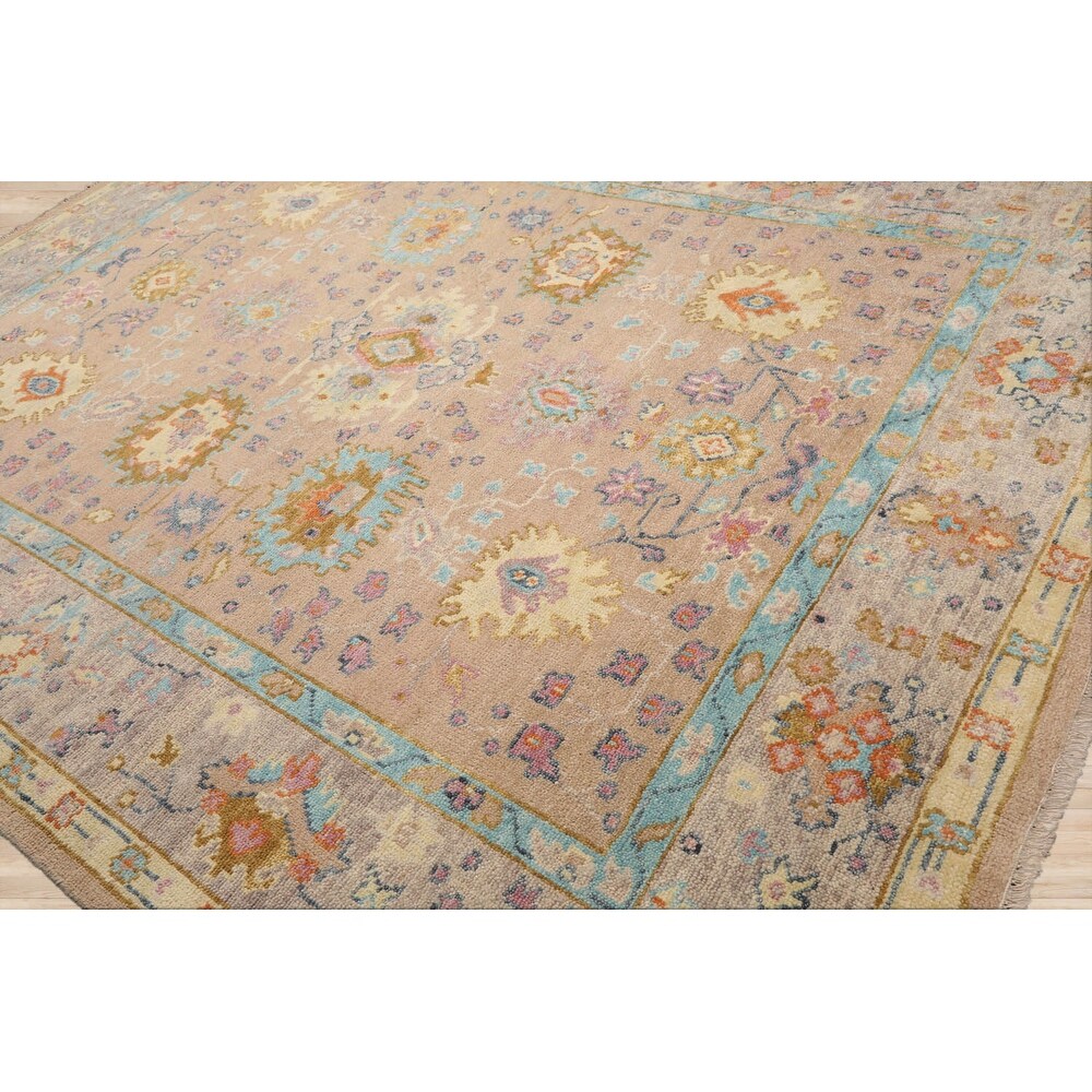 Hand Knotted Peach,Aqua Oushak Wool Transitional Oriental Area Rug - 9' x 11' 11''