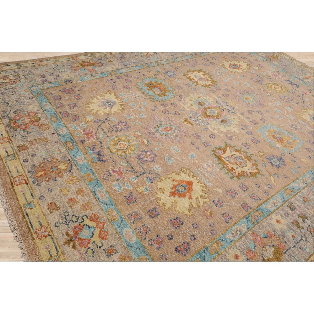 Hand Knotted Peach,Aqua Oushak Wool Transitional Oriental Area Rug - 9' x 11' 11''