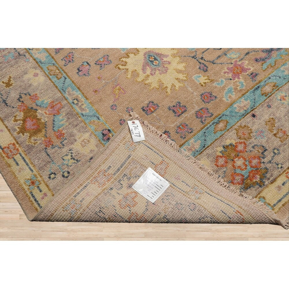 Hand Knotted Peach,Aqua Oushak Wool Transitional Oriental Area Rug - 9' x 11' 11''