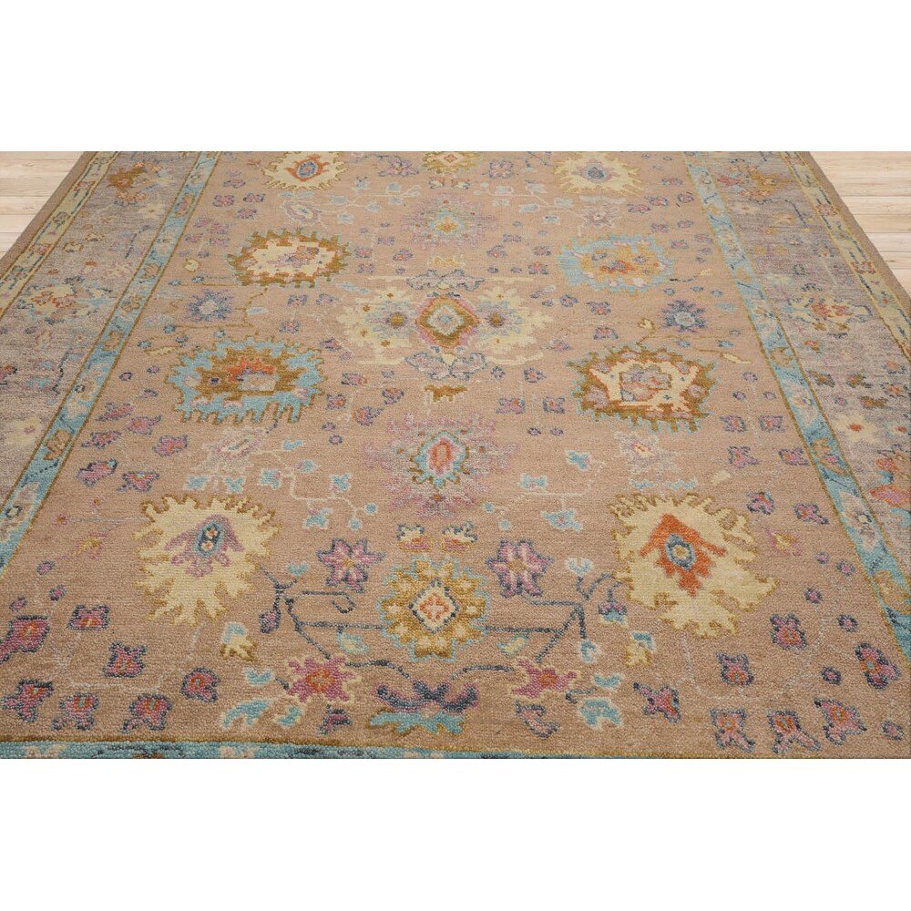 Hand Knotted Peach,Aqua Oushak Wool Transitional Oriental Area Rug - 9' x 11' 11''