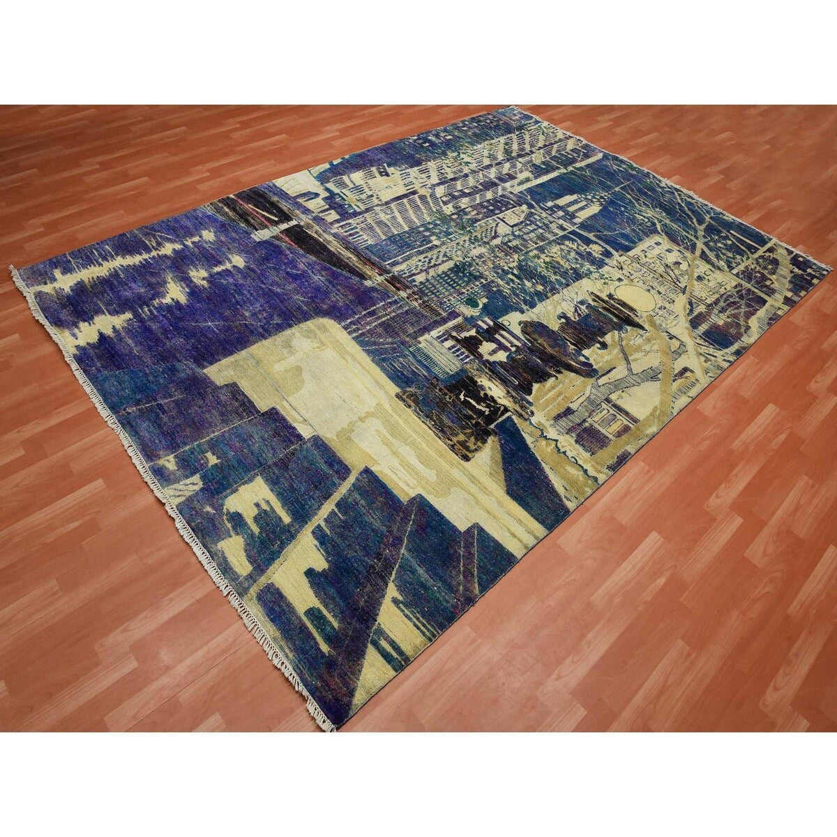 Hand Knotted Purple Modern and Contemporary with Wool & Silk Oriental Rug (8'8" x 12'1") - 8'8" x 12'1"