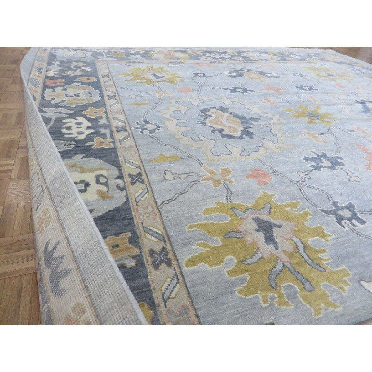 Hand Knotted Seafoam Blue Oushak with Wool Oriental Rug (12' x 12'1") - 12' x 12'1"