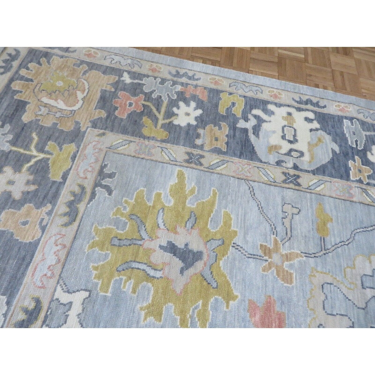 Hand Knotted Seafoam Blue Oushak with Wool Oriental Rug (12' x 12'1") - 12' x 12'1"
