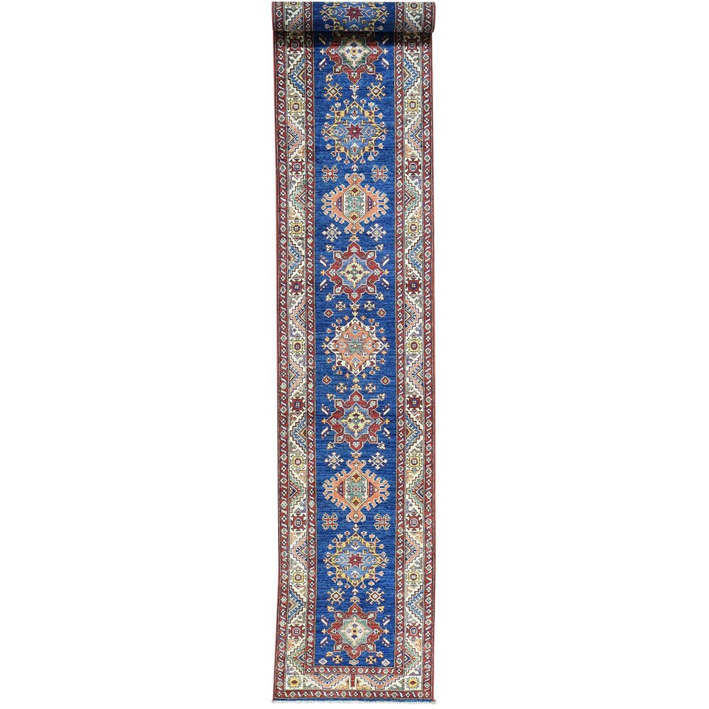 Hand-Knotted Super Kazak Blue Tribal Design Runner Rug (2'8x17'5)
