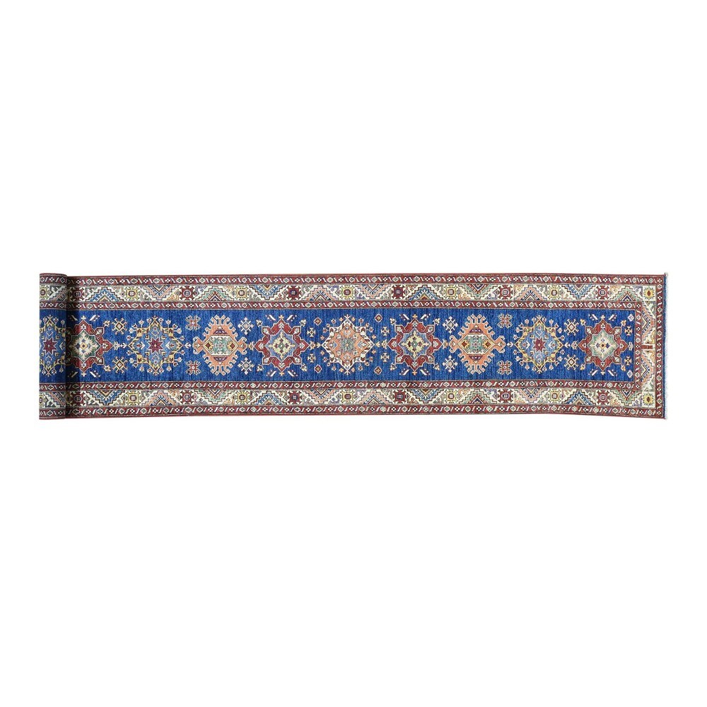 Hand-Knotted Super Kazak Blue Tribal Design Runner Rug (2'8x17'5)