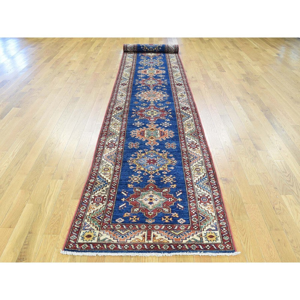 Hand-Knotted Super Kazak Blue Tribal Design Runner Rug (2'8x17'5)