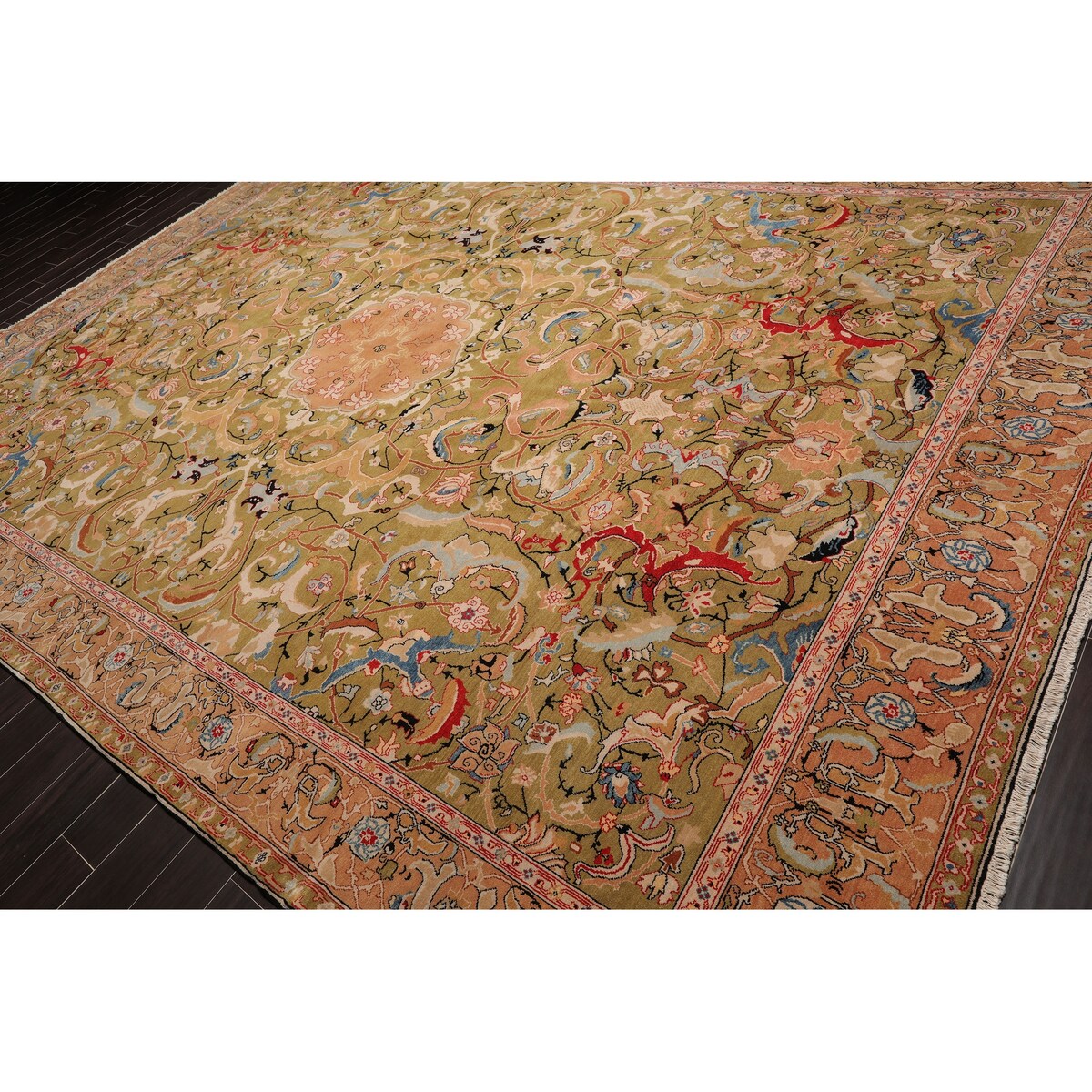 Hand Knotted Superfine 200 KPSI Pistacchio,Rose Oriental Area Rug Wool Traditional Oriental Area Rug (10x14) - 9'9" x 13'9"