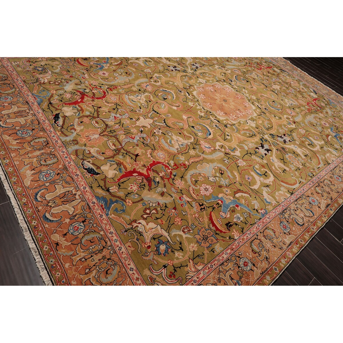 Hand Knotted Superfine 200 KPSI Pistacchio,Rose Oriental Area Rug Wool Traditional Oriental Area Rug (10x14) - 9'9" x 13'9"