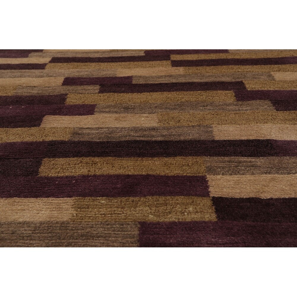 Hand Knotted Tibetan Aubergine Striped Wool & Silk Modern Area Rug - 3' x 5' 2''