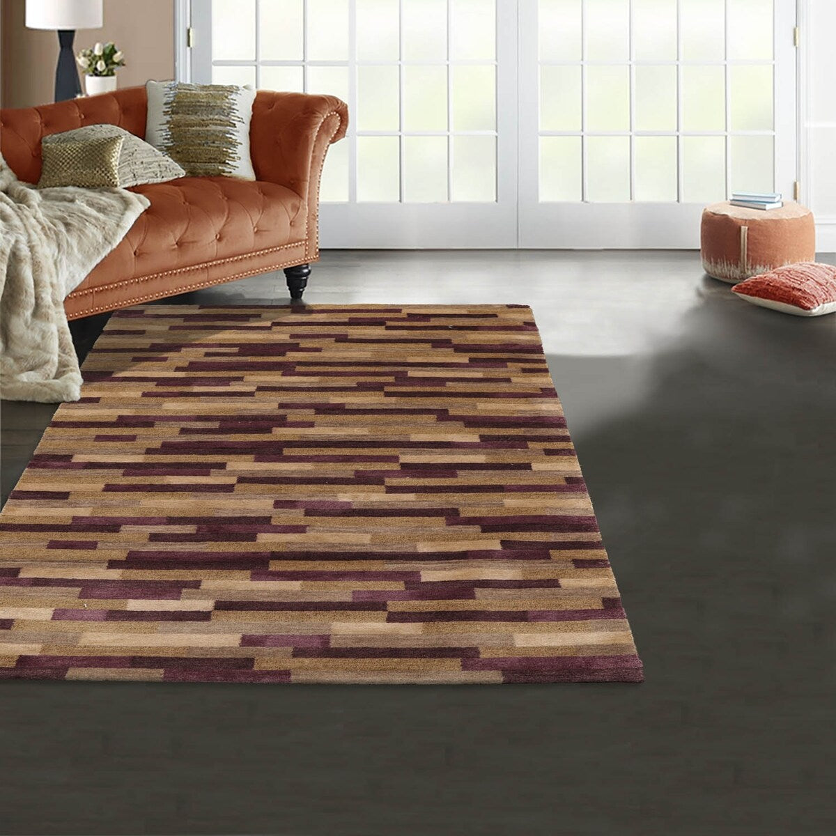 Hand Knotted Tibetan Aubergine Striped Wool & Silk Modern Area Rug - 3